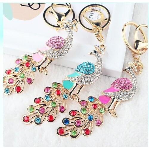 Korean version of the colorful peacock car key foddle cartoon-encrusted keychain girls creative bag decoration supplies