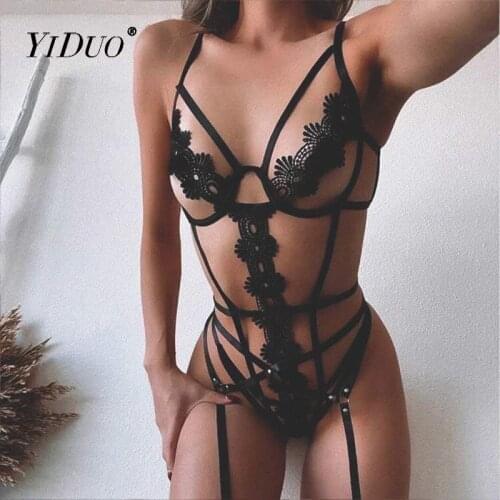 YiDuo Black Hot Sexy Strappy Bodysuits Party Club Women Body Lace Mesh Floral Bandage Backless Bodysuit Hollow Out 2020