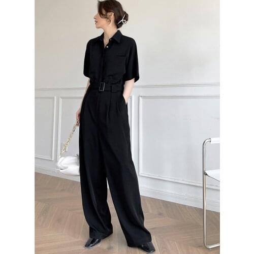 Black overalls womens summer thin 2021 New High Waist Chiffon wide leg Jumpsuit 0418
