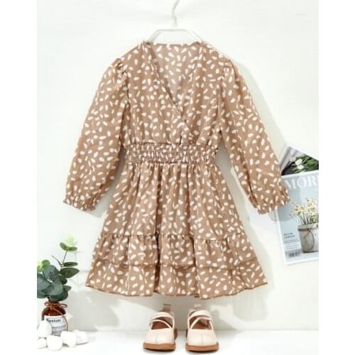 FOCUSNORM Lovely Toddler Girls Long Dress Spot Print Long Sleeve V-neck Knee Length A-Line Dress 2-7Y