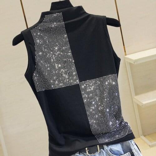 Summer Sleveless T-shirt Lady Slim Semi-high Collar Hot Drill Basic Shirts Female Personality Tops Girlall-match Black Shirts