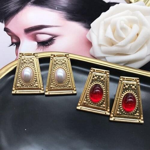 Geometric Earrings White Pearls And Red Stones Statement Metal Jewelry Retro Designs Vintage Jewelry