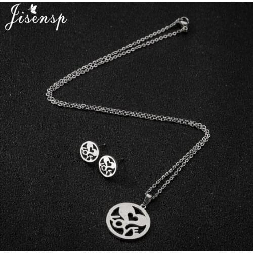 Jisensp Romantic Hollow Heart Stainless Steel Jewelry Sets Letter LOVE Pendant Necklace Earrings for Women Valentines Day Gift