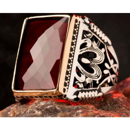 925 Sterling Silver Ring For Man Real Pure Silver Red Zircon Stone Handmade Turkish Jewelry