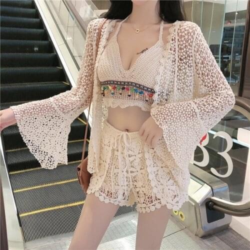 3pcs Set Women Crochet Shorts with Camis Summer Holiday Beach Sets Women 3 Piece Set Seaside Matching Set