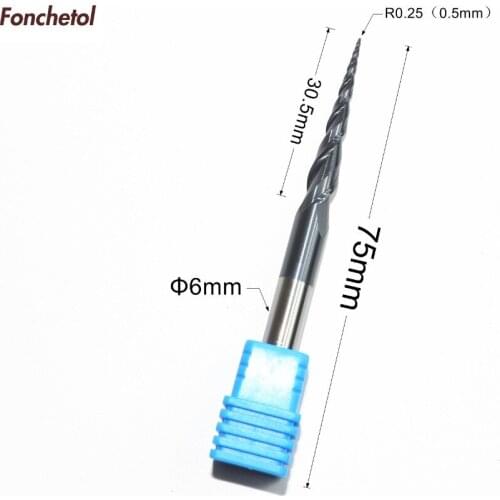 1PCS,6mm*R0.25*30.5*75,CNC solid carbide woodworking router bit,2 flutes taper ball nose end mill,sepherical corn engraving bit