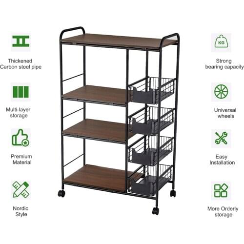 Kitchen Cart Kitchen Rack Multi-layer Storage Stand with 4 Slide-Out Mesh Baskets Wheel Trolley Household Vintage Utility Shelf