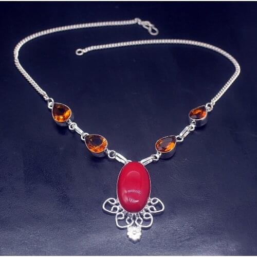 Fashion Natural RedCoral HoneyTopaz Silver Color Women Pendant Necklace Chain 18 Inch HD692
