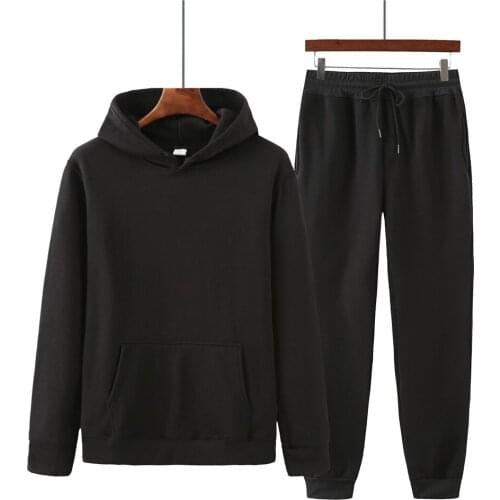 Spring and autumn mens solid color hoodie sweater + casual trousers two-piece suit of the same color hooded sweater men