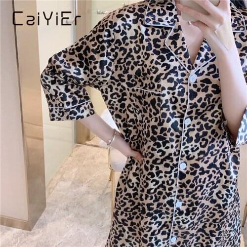 CAIYIER Sexy Night Dress Silk Leopard Grain Sleepwear Blouses Turn-Down Collar Nightwear Winter Women Soft Dress Gown Nightshirt