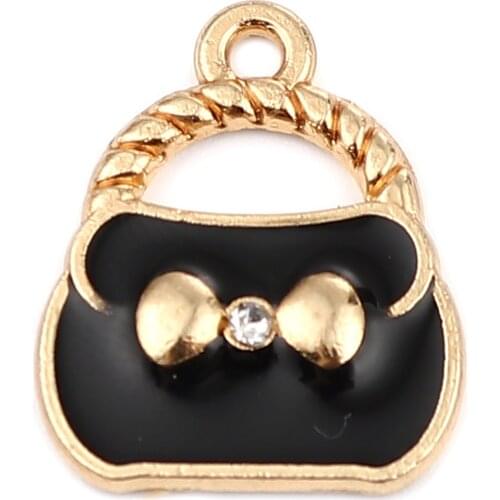 10PCs Zinc Based Alloy Clothes Charms Bag Gold Color Black Bowknot Enamel Clear Rhinestone 20mm x 16mm