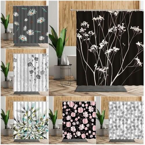 Simple Art Flowers Shower Curtain Black Background Bathroom Decoration Fabric Waterproof Bath Curtains Bathtub Screen With Hooks