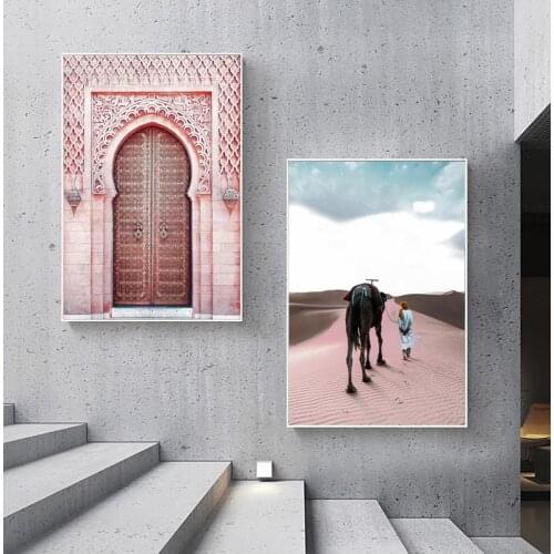 Pink Semicircular Arch Door and Camel Animal Posters Nordic Wall Art Canvas Painting Picture Modern For Living Room Decoration