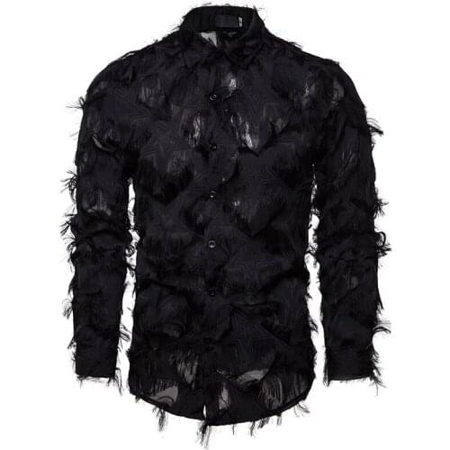 Black Feather Long Sleeve Shirt Men 2022 Fashion Stage Singer Clubwear Sexy Shirts Mens Event Party Prom Shirt Chemise Homme XXL
