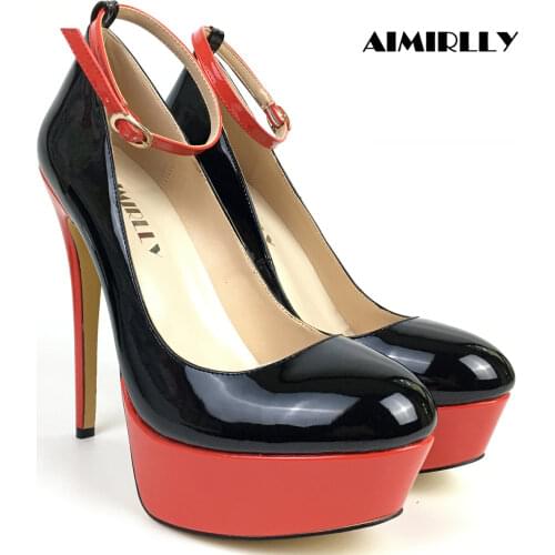 Womens Shoes Round Toe High Heels Pumps Red Platform Ankle Strap Ladies Clubwear Party Shoes Patent Leather Black Aimirlly