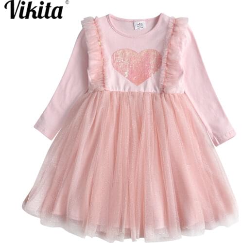 VIKITA Girls Sequins Heart Dress Kids Pink Dresses Children Long Sleeve Autumn Winter Dress Girls Christmas New Year Clothes