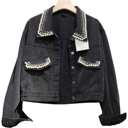 Korean Beading Denim Jacket Coat Women Student Outerwear 2021 Spring Autumn Loose Vintage Black Blue Short Jeans Jackets Female