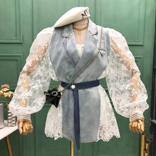 Summer Women Coats Loose Fit Lace Stitch Denim Bandage Short Jacket 2021 New Lapel Long Sleeve Female Coat Fashion Tide Spring