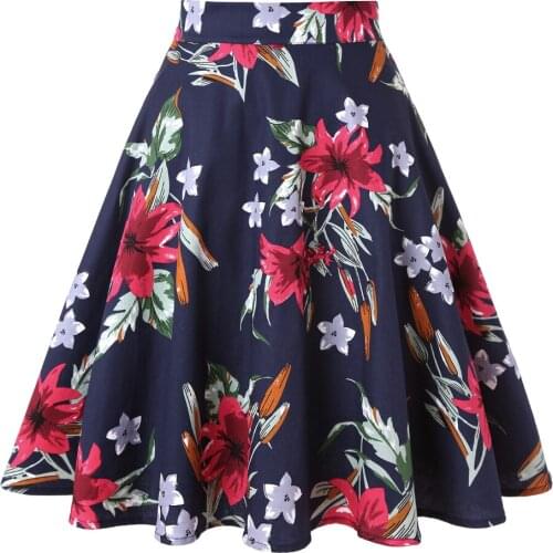 Summer Skirt Women Floral Print 50s Rockabilly Swing Skirts Womens Elegant High Waist Female Floral Casual Party style Skirts