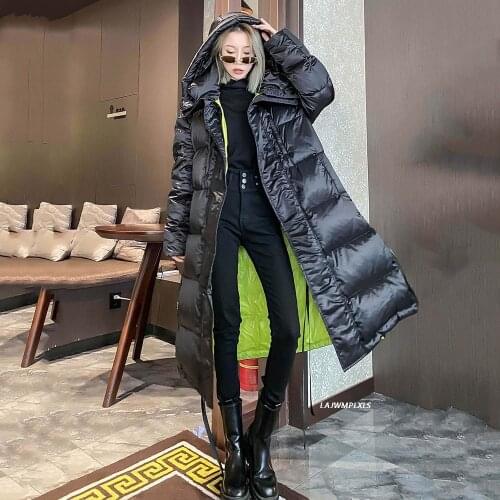 Womens winter down coats 2021 X-Long warm puffer jackets fashion Hooded parka black Windproof 90% white duck down jacket female