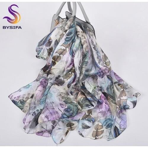 [BYSIFA] Fall Winter Purple Gray Scarves Women New Summer 100% Pure Silk Long Beach Scarf Shawl Luxury Ladies Neck Scarves Wraps