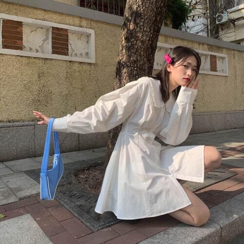 Mini Dress Women 2021 Spring Autumn Korean Preppy Style Single Breasted Button Up Ruffles Lapel Slim Waist Short Dresses White