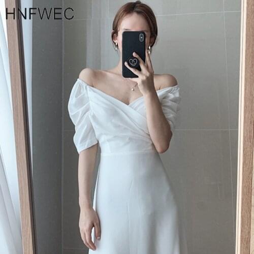 Korean Style Women Dress Summer New 2020 Solid Color Ladies Dress V-neck Puff Sleeve Chiffon Women Clothing T774