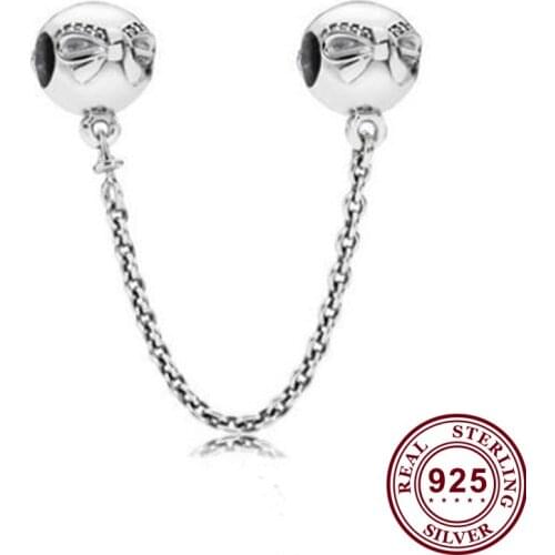 100% 925 Sterling Silver Beautiful Bow Safety Chain Fit Pandora Women Bracelet & Necklace Diy Jewelry