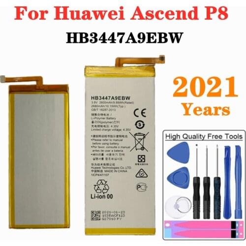 2021 For Huawei P8 Phone Battery 2600mAh HB3447A9EBW Battery For Huawei Ascend P8 GRA-L09/UL00/CL00/TL00/TL10/UL10 + Tools