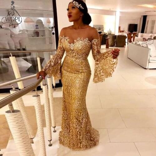 Asoebi Style 2021 New Prom Dresses Long Sleeve Gold Lace Evening Dress Illusion Neck Mermaid Arabic African Formal Gowns Custom