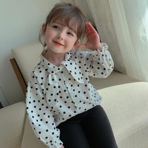 2021 Girls Fashion Dot Bowtie Shirts Blouse Spring Autumn Summer Girls Kids Tops Cardigan Wear Children Clothing