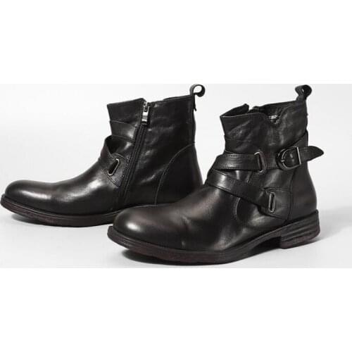 Retro Side Zip Genuine Leather Ankle Boots Men Luxury Brand Black Brown Round Toe Motorcycle Boot Business Casual Buckle Booties