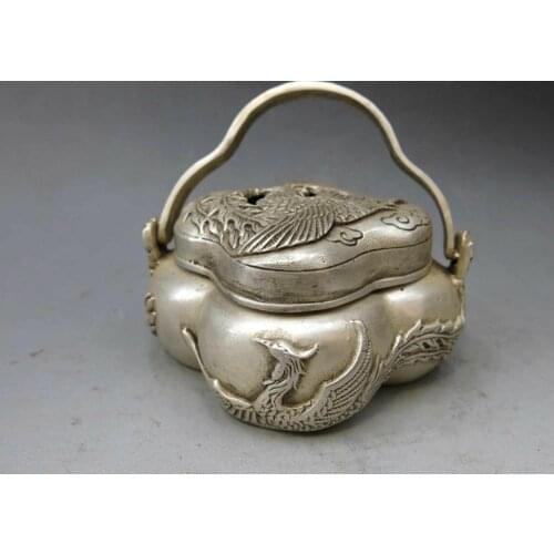 China silver handwork carved beautiful censer fine phoenix incense burner Statue