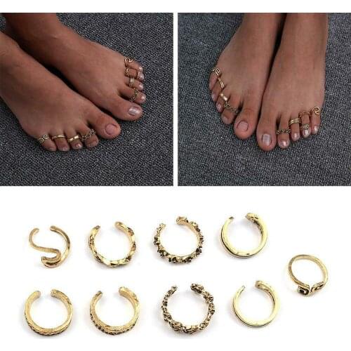 2021 New 9 Pcs Summer Toe Ring For Women Girl Adjustable Opening Finger Ring Retro Carved Toe Ring Foot Beach Foot Ring Jewelry