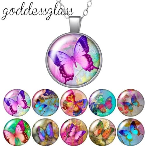 Colorful Butterfly Flying butterfly pendant Round Glass glass cabochon silver plated/Crystal pendant necklace jewelry for Gift