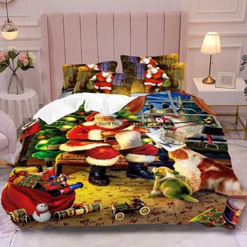 Hot Selling 3D Christmas Pattern HD Print Home Textile Santa Claus Cartoon Pattern Queen King Size 2-3 Pieces Home Textile