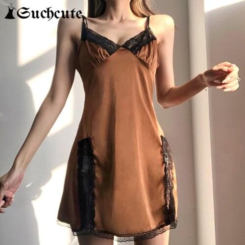 SUCHCUTE Summer Lace Patchwork y2k Aesthetic Satin Dress For Women 2021 Home Fashion Spaghetti Straps Ladies Split Mini Dress