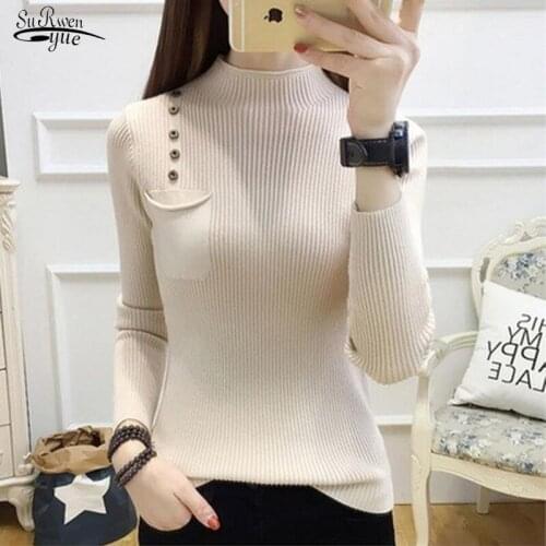 New Autumn Winter Slim Woman Sweaters Half High Collar Button Pullover Sweater Women Long Sleeve Warm Jumper Pink Sweater 12278