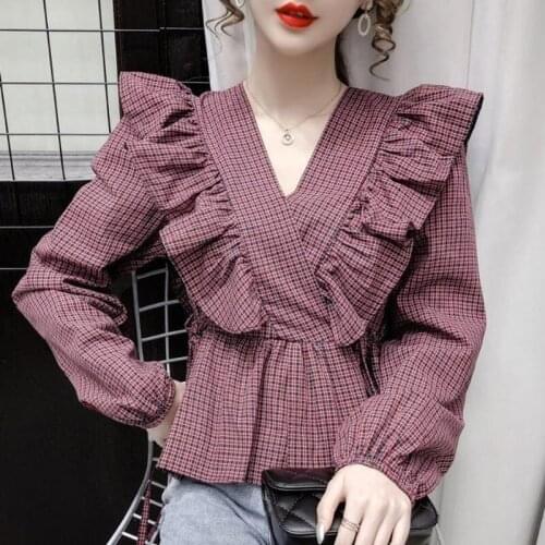 Autumn new retro ruffled stitching plaid shirt female design sense niche all-match drawstring top tide