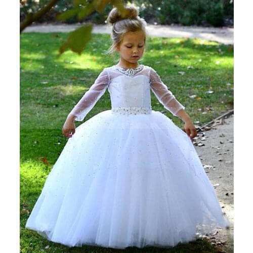 Long Sleeve Flower Girl Dress Ivory Tulle Pearls Beaded Sash Princess First Communion Dress 1-14Y