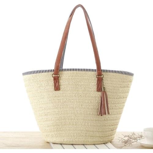 Casual Tassel Straw Bags Rattan Women Handbags Wicker Woven Shoulder Bags Large Capacity Totes Bucket Bag Summer Beach Purses