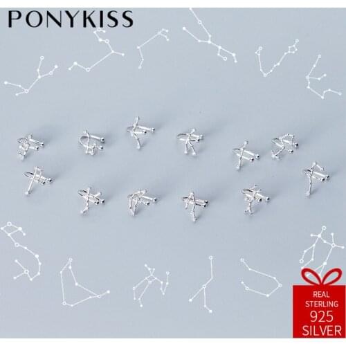 PONYKISS Trendy S925 Sterling Silver Chic Twelve Constellations Clip Earrings Women Anniversary Jewelry Birthday Party Gift