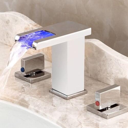 Bathroom Sink Faucet Basin Faucet White Brass 3 Holes Double Handle LED Luxury Bathbasin Bathtub Tap Hot and Cold Mixer Water