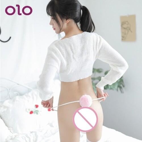 OLO Sexy Apparel G String Cotton Thong T-back Underpants Removable Rabbit Hair Ball Panties Erotic Underwear Adult Products