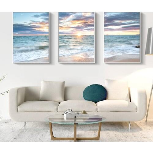 Sunrise Coastal Decorative Beach Photography Canvas Poster, Blue Sea Landscape Picture Waves Canvas Print Beach Wall Art Picture