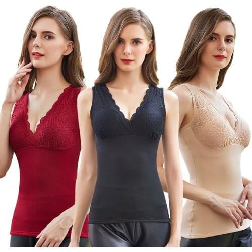 Sanderala Women Cotton Velvet Lace Thermal Underwear Plue Size V Neck Padded Cup Female Slim Winter Keep Warm Pajamas Tops 3XL