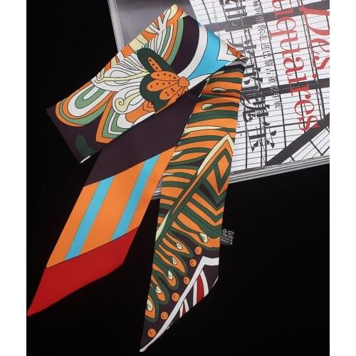 5*88cm Retro Floral Print Narrow Scarf Women Twill Silk Multi-Function Neckerchief Tie Girl Fashion Hairband Foulard Accessories