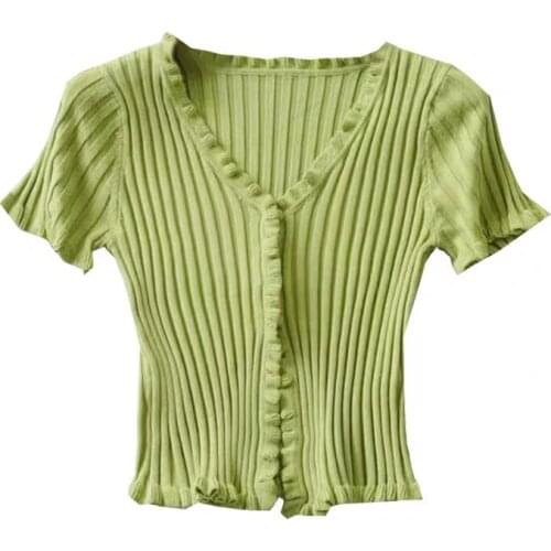 XUANHAO Retro Fuguns Knitted Women T Shirts Summer 2020 New V-Neck Short Sleeve Tees Korean Single Breasted Ladies Tops