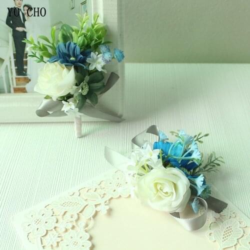YO CHO White Artificial Silk Flowers Wrist Corsage Bracelet Wedding Boutonniere Buttonhole Groom Bridesmaid Marriage Accessories