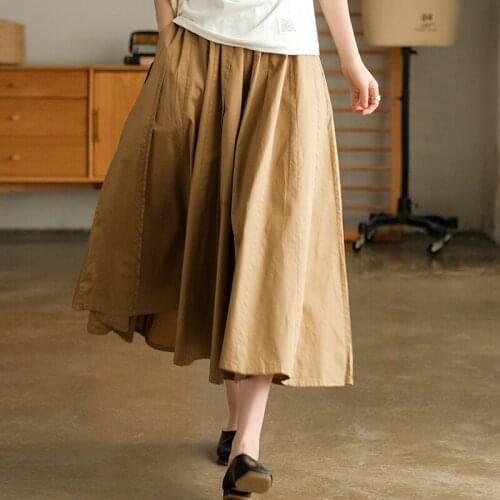 FairyNatural Female Solid Color Cotton Pleated Skirts 2021 Spring Summer Ladies Loose Elegant Vintage Casual Elastic Waist Skirt